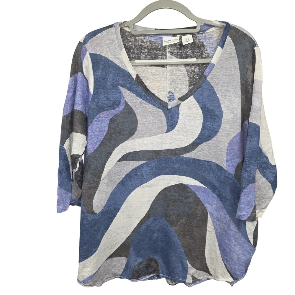 Rachel Zoe 100% Linen Top Women 1X Blue Geometric V Neck Tunic Boho Beachy